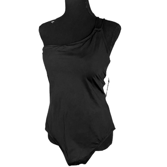 La Blanca Goddess Swimsuit One Piece Back Cutout One Shoulder Black Tummy Tight - Picture 6 of 14
